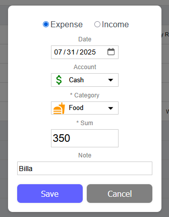 FamBudget Transactions - adding a transaction